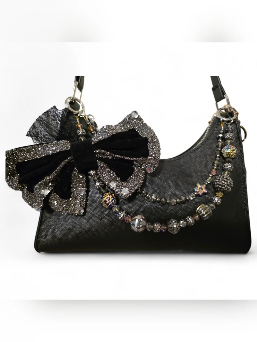Elegant Black and Silver Bow Beaded Bag Charm